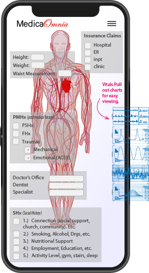 MedicaOmnia phone app, home page showing an avatar of a patient and listing medical history with text fields that doctor or patient can edit