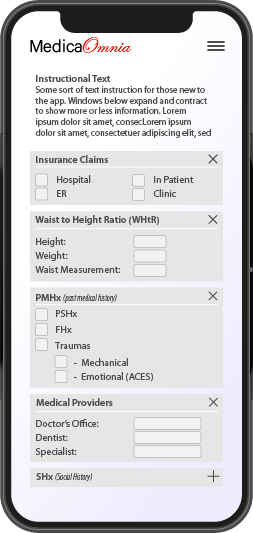 MedicaOmnia phone app, home page showing text field editable details listing medical history with text fields that doctor or patient can edit