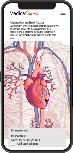 MedicaOmnia phone app, home page showing a zoom in on avatar of a patient's heart, allowing patient/doctor to add information or zoom in and out of areas