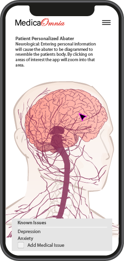 MedicaOmnia phone app, home page showing a zoom in on avatar of a patient's brain, allowing patient/doctor to add information or zoom in and out of areas