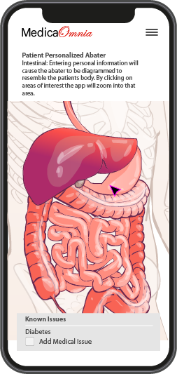 MedicaOmnia phone app, home page showing a zoom in on avatar of a patient's intestinal track, allowing patient/doctor to add information or zoom in and out of areas